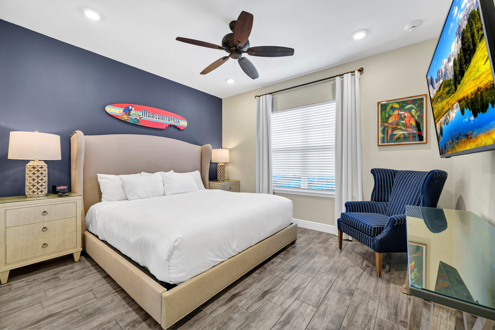 King bedroom with surfboard art