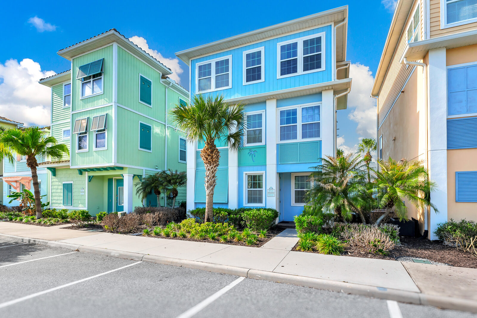 Colorful cottages along the street at the resort