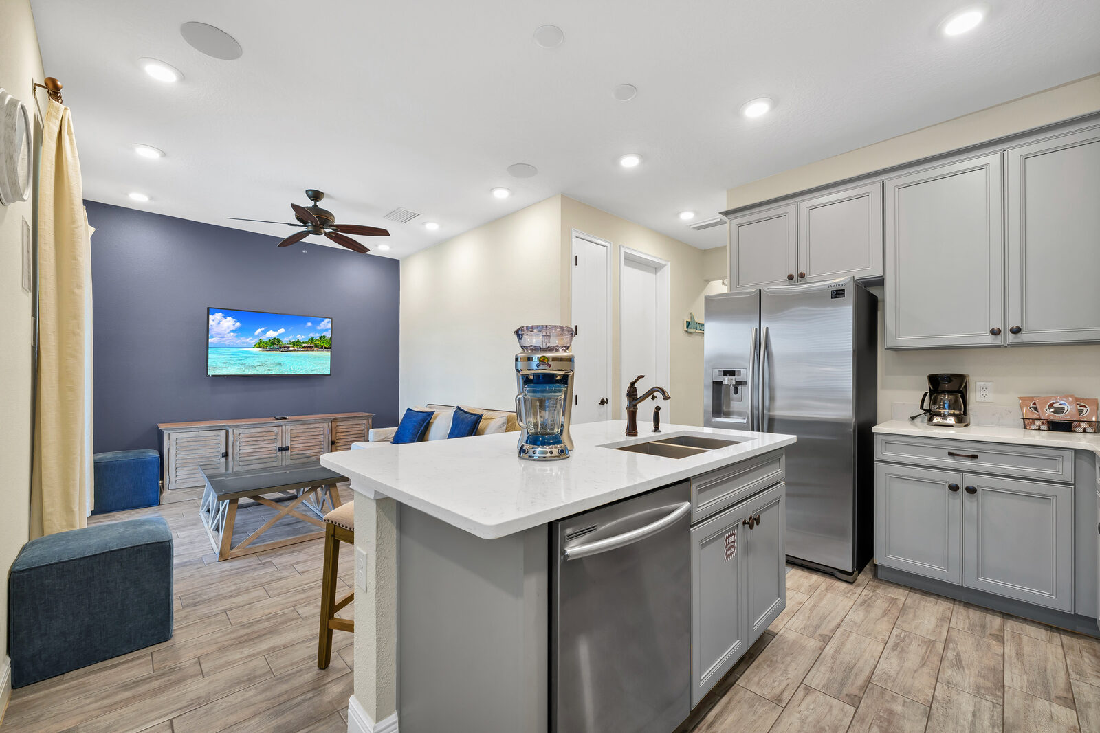 Open kitchen and living room inside the cottage