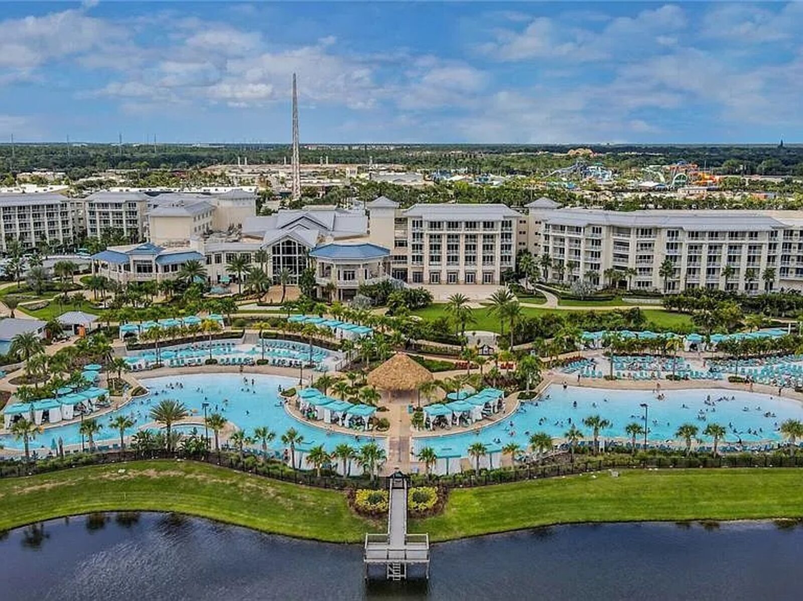 Aerial view of the resort and its pools